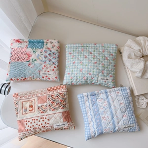 Trousse De Toilette En Coton Matelassé À Carreaux Floraux Sac Carré Organisateur À Glissière Femme Sac De Maquillage