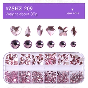 Light Rose 12-grid nail art glass rhinestone set featuring mixed heart and drop shapes