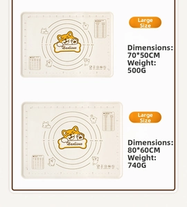 Detail of food-grade silicone pastry mat with measurement scales and cartoon shiba dog