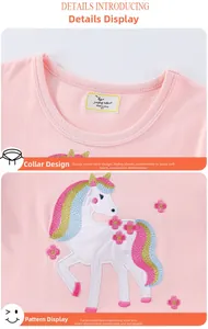 Détail de robe rose en coton avec broderie licorne colorée et col rond pour petite fille