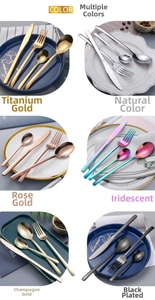Dettaglio dei set di posate in acciaio inossidabile in sei eleganti finiture metalliche