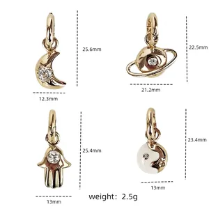 Size chart for celestial pendants including moon, Saturn, hand and tai chi symbols