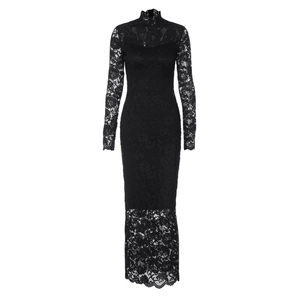 Slim fit black lace long sleeve maxi dress with elegant high neck and sheer sleeve details