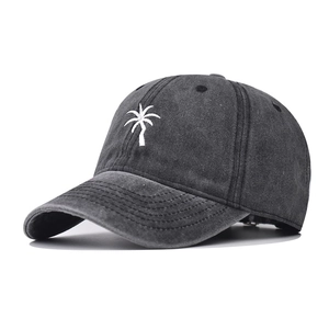 Distressed Washed Cotton Baseball Cap With Palm Tree Embroidery Retro Adjustable Outdoor Sun Hat For Men Women