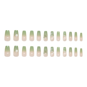 Lot de 24 faux ongles dégradé vert avec fleurs 3D en résine, papillons et perles
