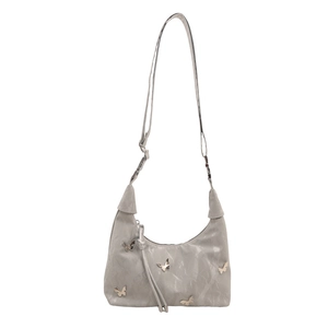 Light gray wrinkled leather shoulder bag with five gold butterfly metal accents