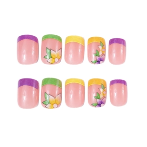 Short French glossy press-on nails with floral patterns in vibrant summer colors