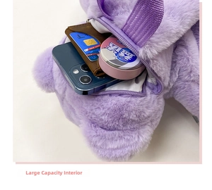 Detail display of a purple plush bear backpack with high internal storage capacity