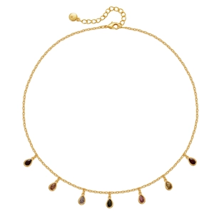 Detailed close-up of 18K gold-plated chain with seven colorful teardrop-shaped gemstones
