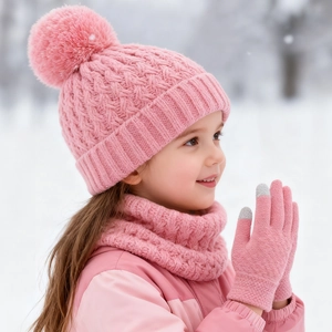 Pink knit kids hat scarf and touch-screen gloves set for winter snow outdoor activities