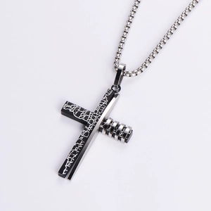 Hip hop stainless steel necklace with silver chain and black cracked cross pendant