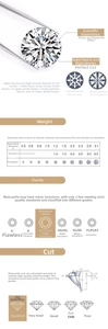 Moissanite size chart showing weight, diameter, clarity, and brilliant cut grading details