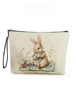 Detailed pattern display of Easter bunny canvas makeup bag with vintage floral print