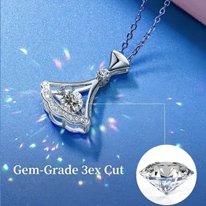 Moissanite Necklace 925 Sterling Silver Dancing Stone Skirt Fan Pendant Sparkling Jewelry For Women Gift