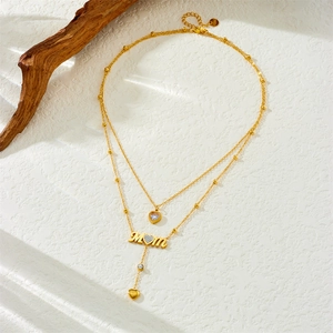 Double-layered gold MOM pendant necklace with heart crystal charms and bead chain
