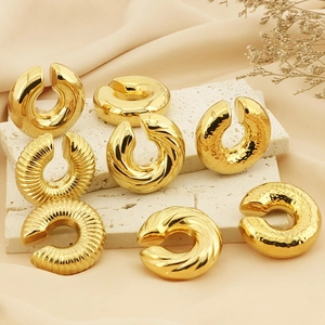 Chunky C Shape Hoop Earrings Stainless Steel 18K Gold Plated Geometric Textured Hammered Twist Ear Cuffs For Women Men