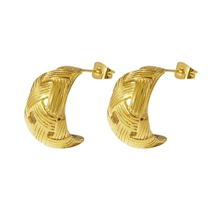Elegant gold hollow woven teardrop earrings in stainless steel with mesh crescent design