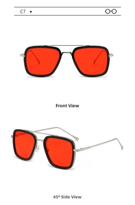 Front and side views of square pilot sunglasses with red lenses and silver metal frame