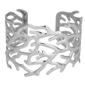 Polished silver C-shaped open cuff bracelet with intricate cutout coral texture design