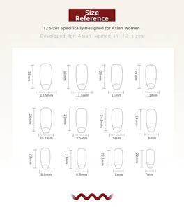 Size guide for long press-on nails showing twelve different width and length dimensions