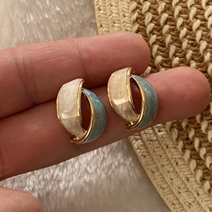 Stainless Steel Stud Earrings For Women Chic Geometric Twisted Leaf Enamel Contrast Color Marble Pattern Gold Plated Edge