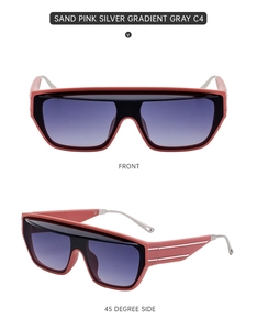 Front and side view of sand pink square sunglasses with gradient gray lenses