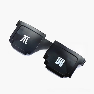 Detail of pixel sunglasses with Chinese characters and iconic Thug Life mosaic frame