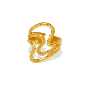 Irregular wavy layered stainless steel ring in gold finish with adjustable open band design