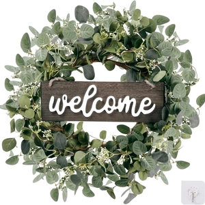 Artificial eucalyptus wreath with wood welcome sign and clear hook for home decor