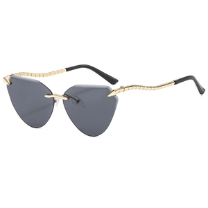 Fashion rimless cat-eye sunglasses with dark grey lenses and gold snake-shaped metal temples