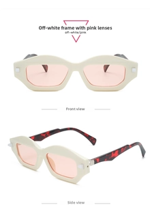 Detail view of off-white polygonal sunglasses with pink lenses and tortoiseshell temples