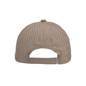 Detail of khaki quick-dry kids sun hat with laser-cut holes and adjustable strap