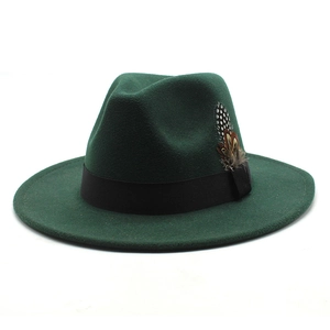 Detail of dark green wool fedora hat featuring black ribbon and decorative feather