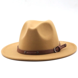 Close-up of camel wool fedora hat featuring a brown leather belt with silver buckle