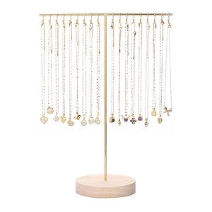 Minimalist gold metal and wood T-bar jewelry display stand for necklace and bracelet storage