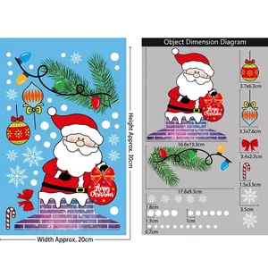 Detailed size chart for Christmas window stickers featuring Santa Claus and ornaments