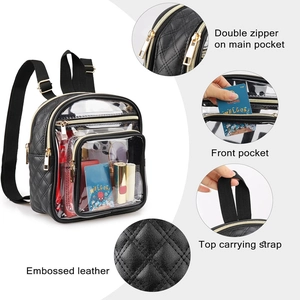 Mini black PU leather and clear PVC backpack with double zippers and functional pockets