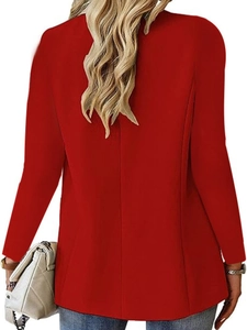 Vista posteriore di un blazer rosso a maniche lunghe da donna con vestibilità aderente