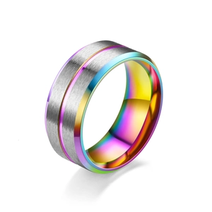 8mm stainless steel ring with rainbow plating and brushed silver finish for men