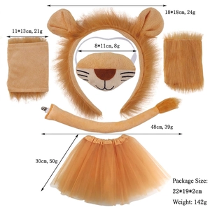 Detailed view of lion costume set featuring ears, mask, tail, wristbands and tutu skirt