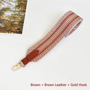 Macro detail of brown woven strap with geometric patterns and golden lobster clasp
