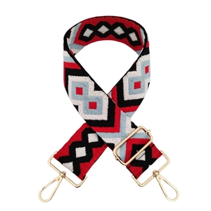 Detail of adjustable 5cm geometric rhombus jacquard strap with gold metal buckle