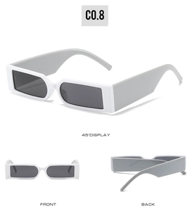 Three views of white rectangular Y2K sunglasses showing front and side profile details