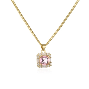 Detail of 18K gold-plated necklace with a square pink zircon pendant and crystal halo