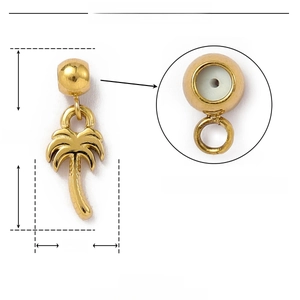 Détail du pendentif palmier doré 16mm en acier inoxydable avec stoppeur en caoutchouc
