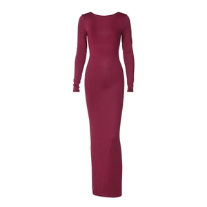 Detailed close-up of deep purple slim fit long sleeve maxi dress showing fabric texture