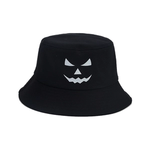 Black cotton Halloween bucket hat with glowing pumpkin face print on white background