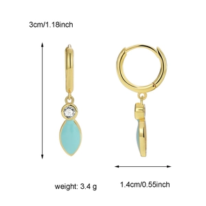 Gold earrings with light blue enamel drop and zircon pendant, 3cm height front side view