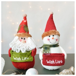 Detail of plush Santa and Snowman holiday decor with Wish List bags and knit textures