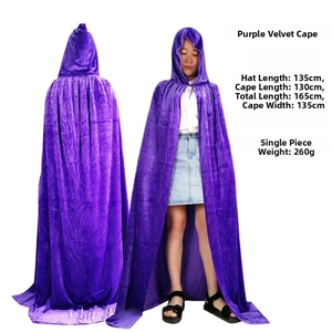 Detailed size chart for purple velvet hooded cloak including length and width dimensions
